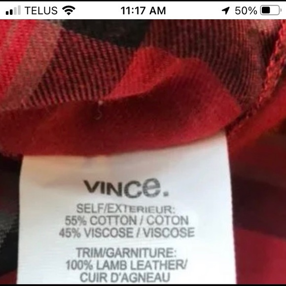 Vince cotton blend long sleeved red plaid blouse with leather trim. Size 4 - Picture 9 of 9